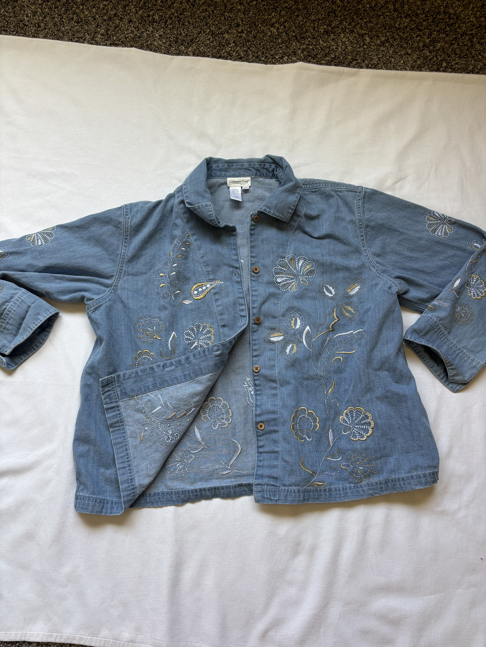 Cottage core denim button up with embroidered flowers sz 2XL